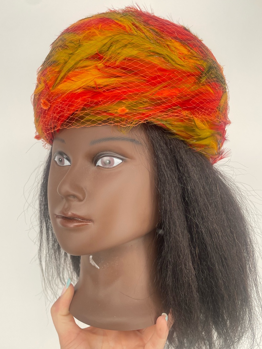 60s Mid Century Red Orange Feathered Pillbox Hat w Netting Union Made Wool Base - Picture 8 of 13